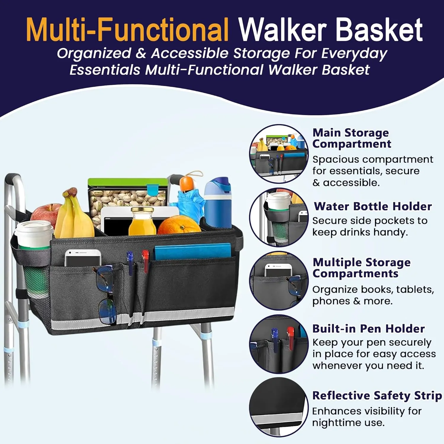 Aliseniors Walker Basket Walker Accessories for Folding Walker with Water Cup Holder - Multi Pockets Basket for Walker for Seniors - Big Capacity & Never Tipping Over Walker Bag