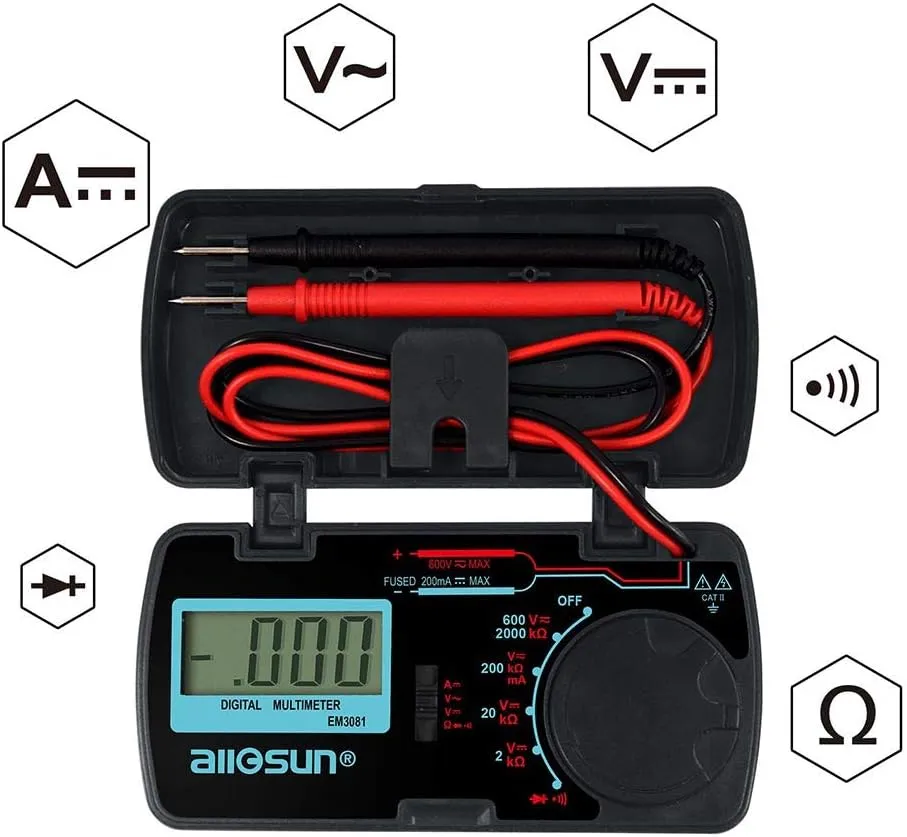 allsun Manual Range Mini Digital Multimeter 6 Functions Handheld Folding Voltmeter 3-1 2 Digit Pocket DMM DC/AC DC Ammeter Ohm Continuity Diode Tone Tester EM3081