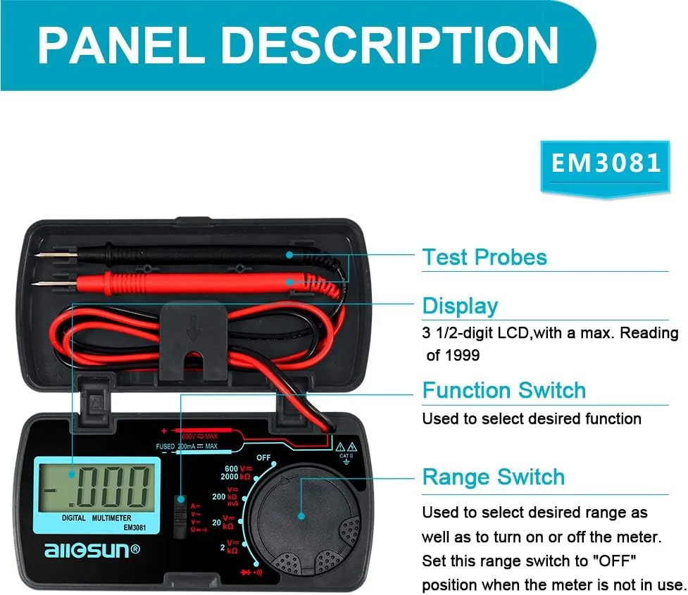 allsun Manual Range Mini Digital Multimeter 6 Functions Handheld Folding Voltmeter 3-1 2 Digit Pocket DMM DC/AC DC Ammeter Ohm Continuity Diode Tone Tester EM3081