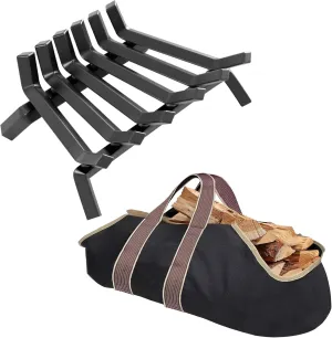 Amagabeli 17 Inch Fireplace Grate Bundle Firewood Carrier Log Tote Bag