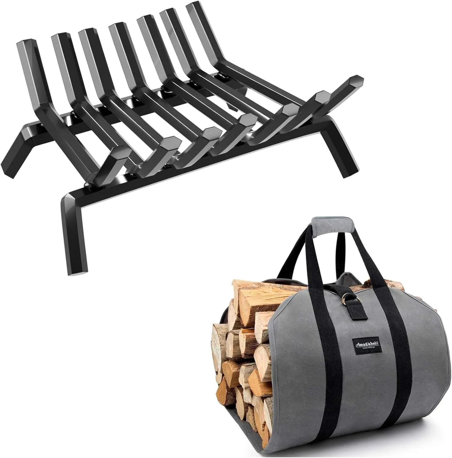 Amagabeli 30 Inch Fireplace Grate Bundle Firewood Carrier Log tote Bag