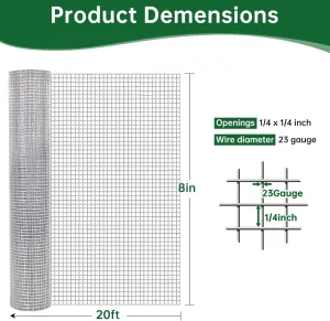 AMAGABELI GARDEN & HOME Hardware Cloth 1/4 inch 8inx20ft Galvanized After Welding 23 Gauge Square Chicken Wire Fence Mesh Roll Raised Garden Bed Plant Supports Poultry Netting Cage Snake Fence