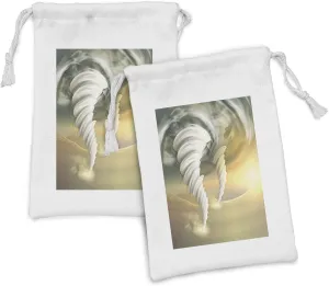 Ambesonne Tornado Fabric Pouch Set of 2, Abstract Hurricane Swirls with Sun Clouds on Desert Landscape, Small Drawstring Bag for Toiletries Masks and Favors, 9" x 6", Pale Sage Green Yellow