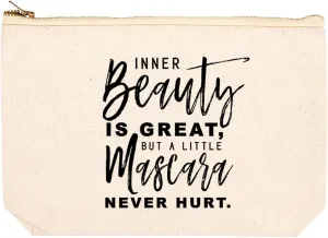 Andaz Press Funny Makeup Bag Canvas Cosmetic Bag Inner Beauty Is Great But A Little Mascara Never Hurt Makeup Pouch For Purse Travel Pouch Funny Pencil Bag Cute Birthday Gifts for Women 6.5 x 9 Inch