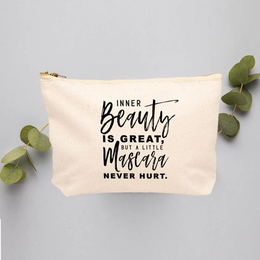 Andaz Press Funny Makeup Bag Canvas Cosmetic Bag Inner Beauty Is Great But A Little Mascara Never Hurt Makeup Pouch For Purse Travel Pouch Funny Pencil Bag Cute Birthday Gifts for Women 6.5 x 9 Inch