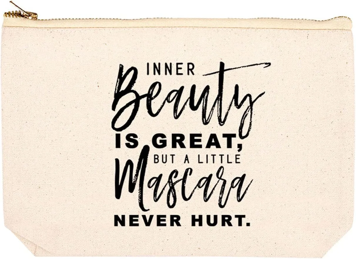 Andaz Press Funny Makeup Bag Canvas Cosmetic Bag Inner Beauty Is Great But A Little Mascara Never Hurt Makeup Pouch For Purse Travel Pouch Funny Pencil Bag Cute Birthday Gifts for Women 6.5 x 9 Inch