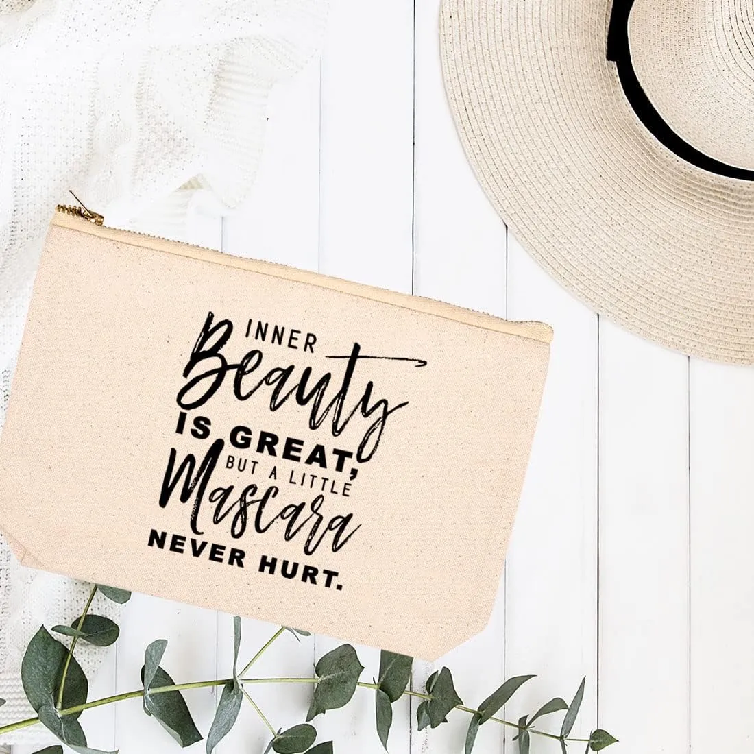 Andaz Press Funny Makeup Bag Canvas Cosmetic Bag Inner Beauty Is Great But A Little Mascara Never Hurt Makeup Pouch For Purse Travel Pouch Funny Pencil Bag Cute Birthday Gifts for Women 6.5 x 9 Inch