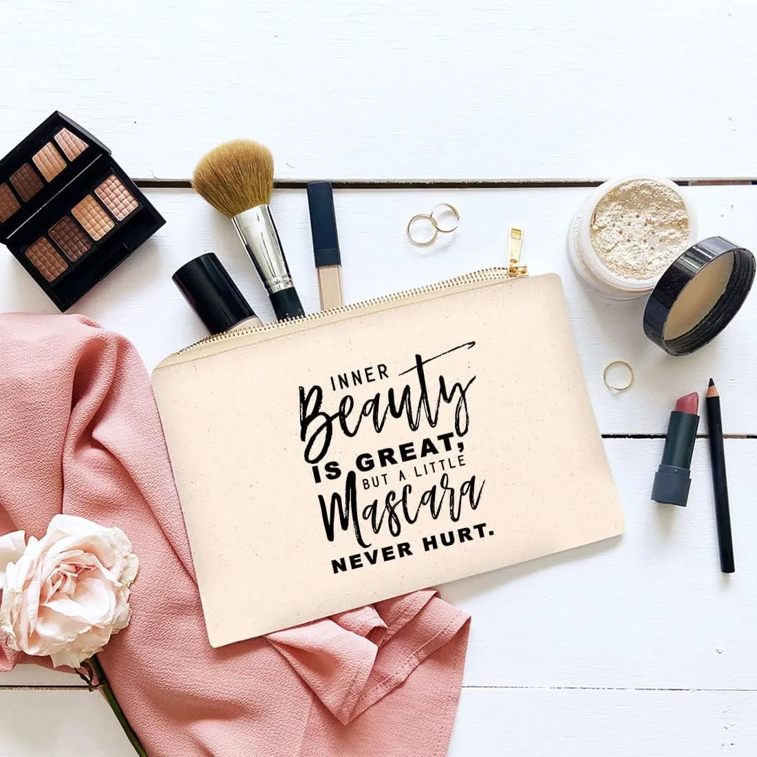 Andaz Press Funny Makeup Bag Canvas Cosmetic Bag Inner Beauty Is Great But A Little Mascara Never Hurt Makeup Pouch For Purse Travel Pouch Funny Pencil Bag Cute Birthday Gifts for Women 6.5 x 9 Inch
