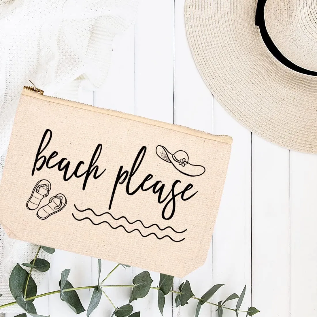 Andaz Press Funny Makeup Bag Canvas Cosmetic Bag with Zipper Beach Please Makeup Pouch For Purse Travel Pouch Toiletry Bag Funny Pencil Bag Cute Birthday Gifts for Women 6.5 x 9 Inch