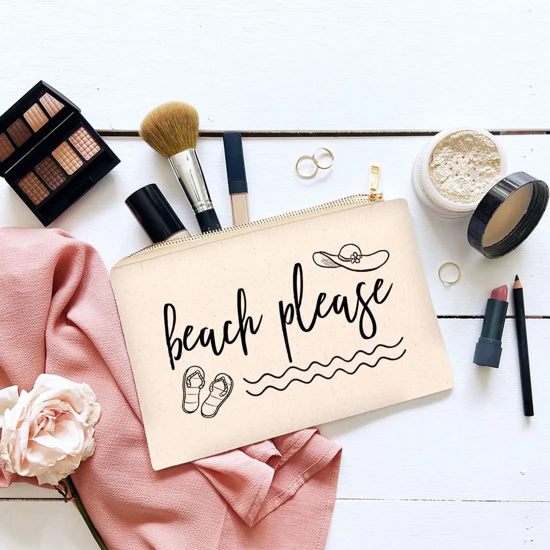 Andaz Press Funny Makeup Bag Canvas Cosmetic Bag with Zipper Beach Please Makeup Pouch For Purse Travel Pouch Toiletry Bag Funny Pencil Bag Cute Birthday Gifts for Women 6.5 x 9 Inch