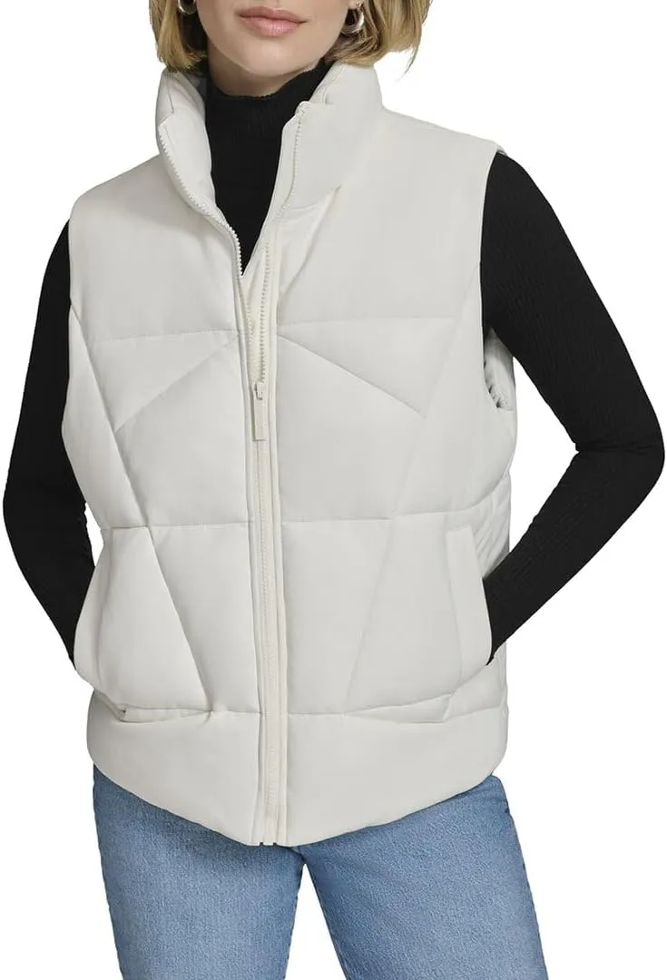 Andrew Marc Women's Puffer Faux Leather Zip Front Vest