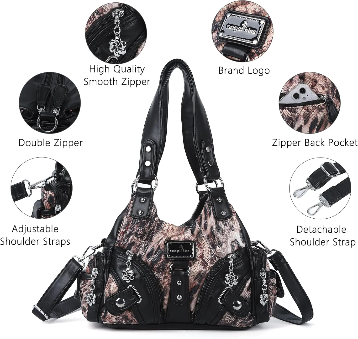 Angel Kiss Purses for Women Small Hobo Shoulder Bags Vagen Leather Multi-Pocket Tote Bag with Zipper