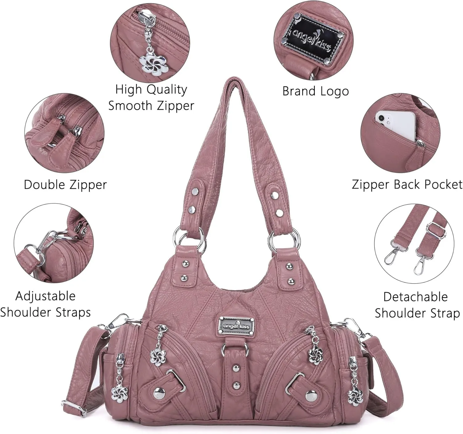 Angel Kiss Purses for Women Small Hobo Shoulder Bags Vagen Leather Multi-Pocket Tote Bag with Zipper