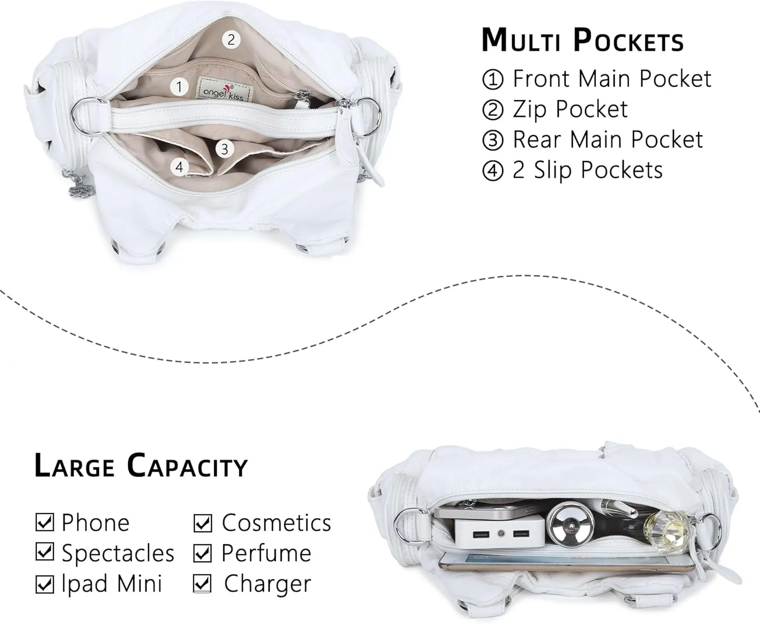 Angel Kiss Purses for Women Small Hobo Shoulder Bags Vagen Leather Multi-Pocket Tote Bag with Zipper