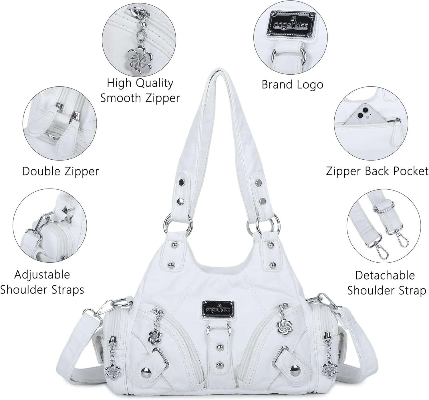 Angel Kiss Purses for Women Small Hobo Shoulder Bags Vagen Leather Multi-Pocket Tote Bag with Zipper
