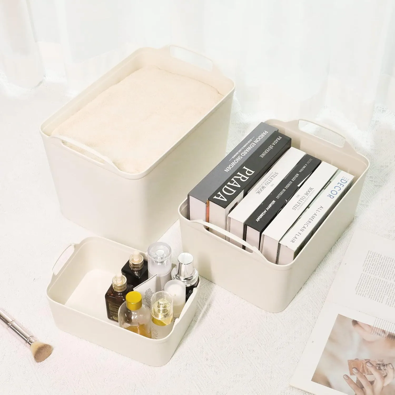 ANMINY 12PCS Plastic Storage Bins Containers with Lids, Large White Storage Organization Bins Boxes, Lidded Plastic Storage Baskets for Closet Shelves Drawers Desktop Home Office