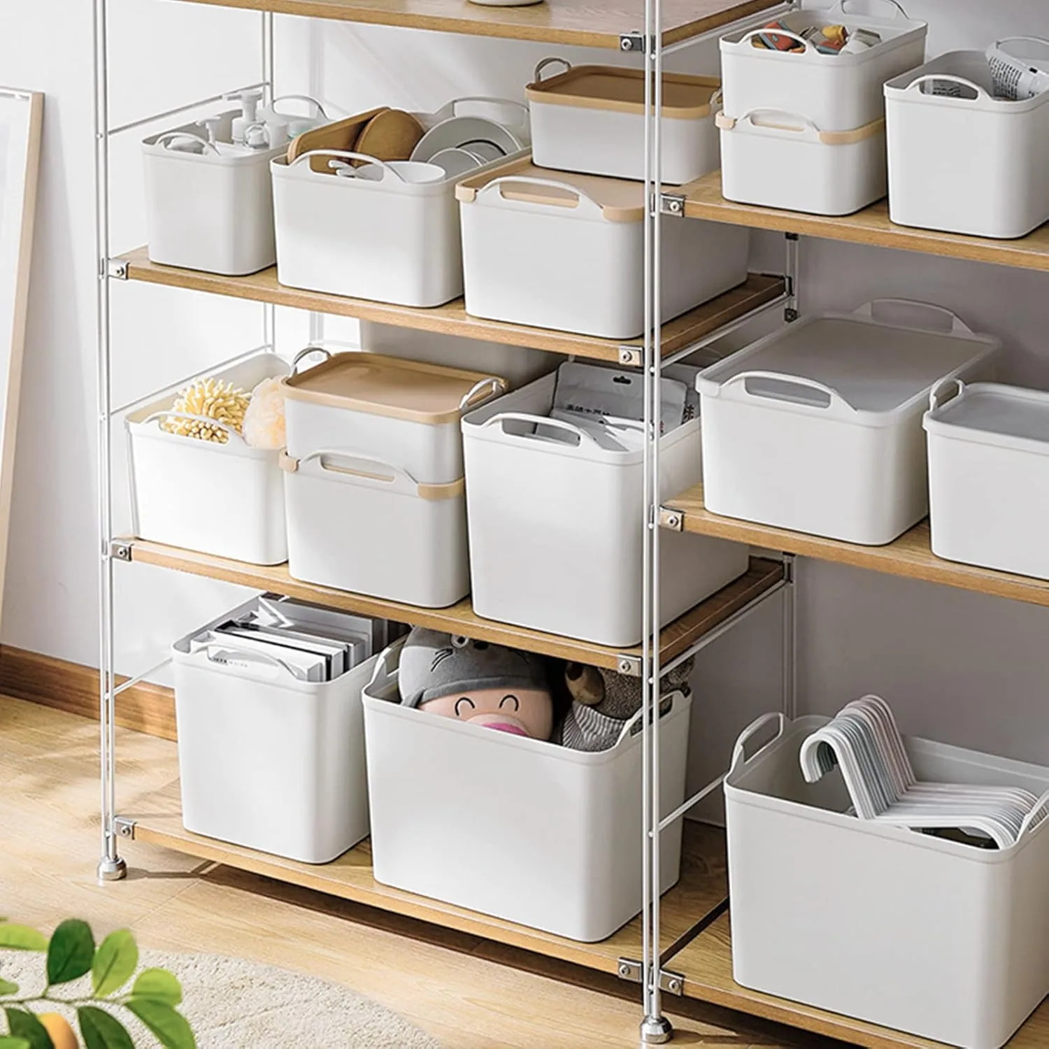 ANMINY 12PCS Plastic Storage Bins Containers with Lids, Large White Storage Organization Bins Boxes, Lidded Plastic Storage Baskets for Closet Shelves Drawers Desktop Home Office