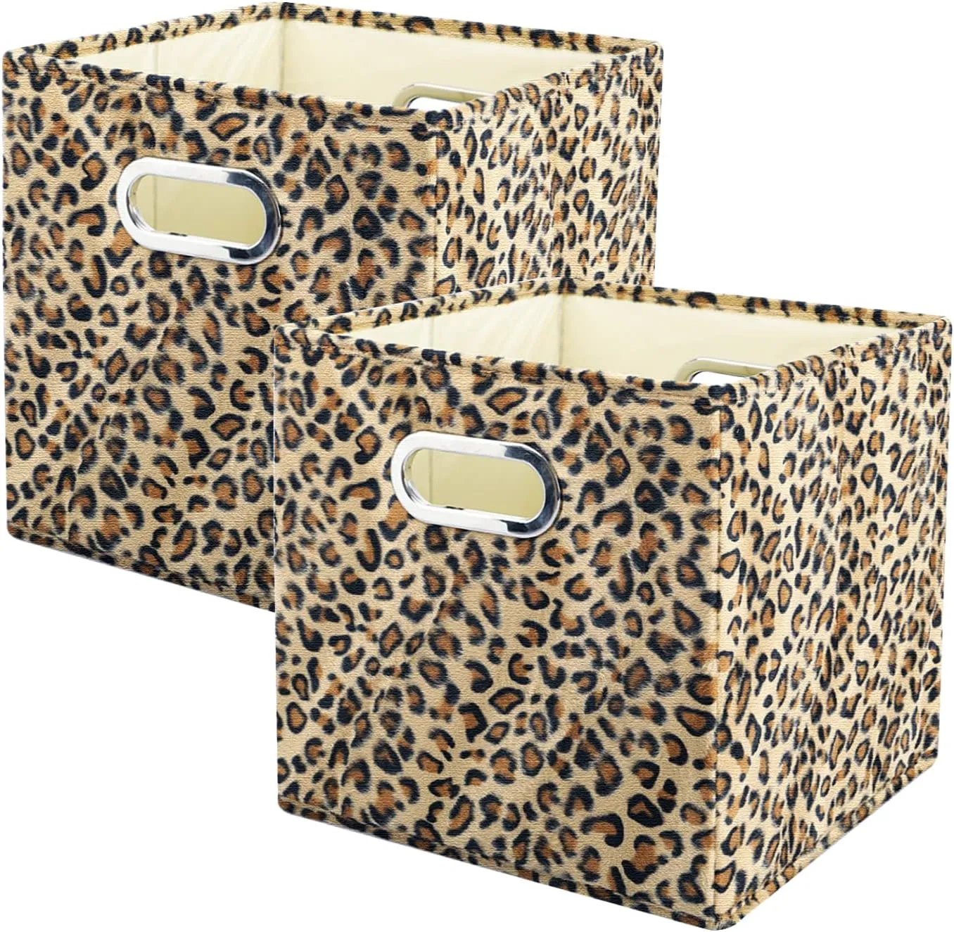 ANMINY 2PCS Storage Cubes Leopard Cheetah Print Velvet Fabric Storage Bins for Shelves, Collapsible Washable Closet Storage Baskets Boxes with Handles for Organizing and Storage -Brown, 11"x 11"x 11"