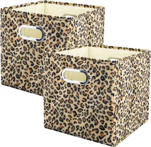 ANMINY 2PCS Storage Cubes Leopard Cheetah Print Velvet Fabric Storage Bins for Shelves, Collapsible Washable Closet Storage Baskets Boxes with Handles for Organizing and Storage -Brown, 11"x 11"x 11"
