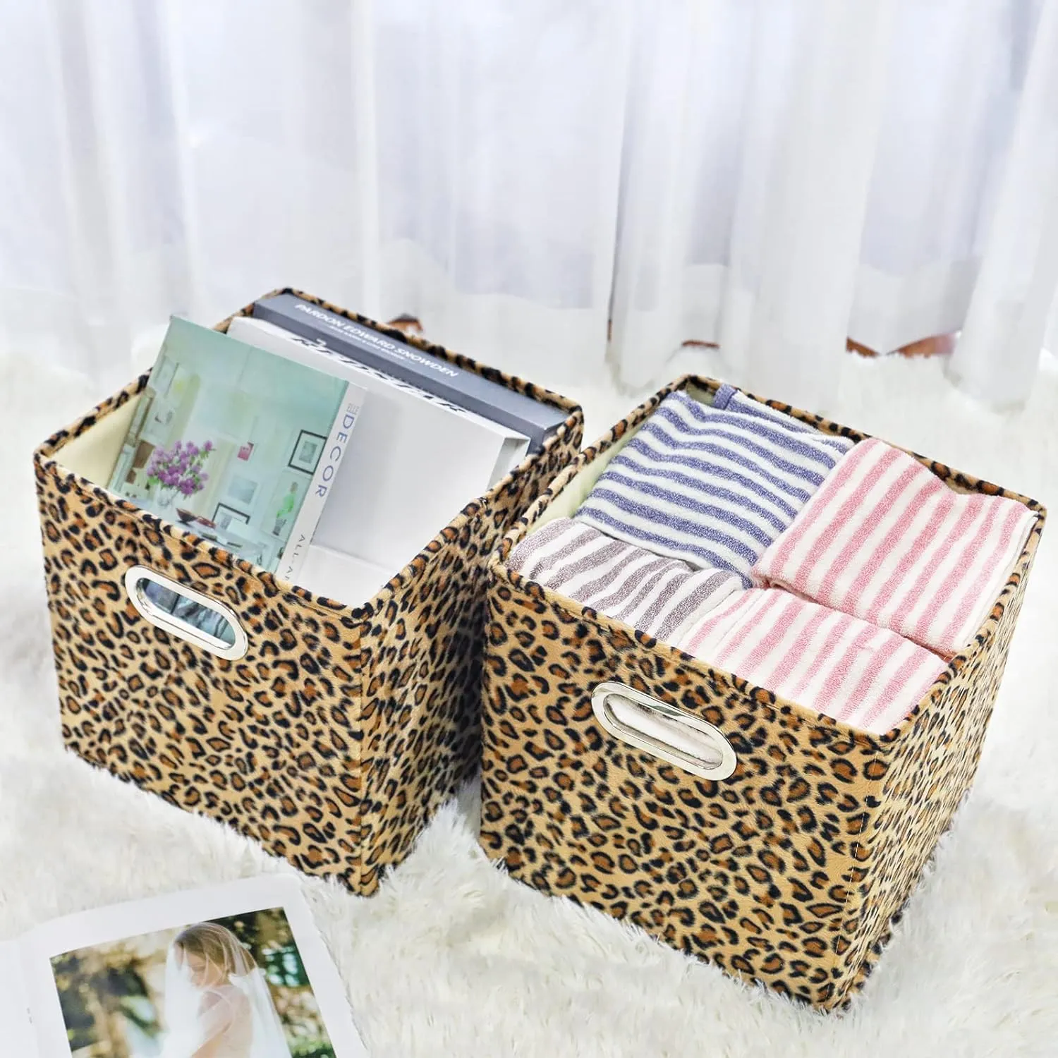 ANMINY 2PCS Storage Cubes Leopard Cheetah Print Velvet Fabric Storage Bins for Shelves, Collapsible Washable Closet Storage Baskets Boxes with Handles for Organizing and Storage -Brown, 11"x 11"x 11"