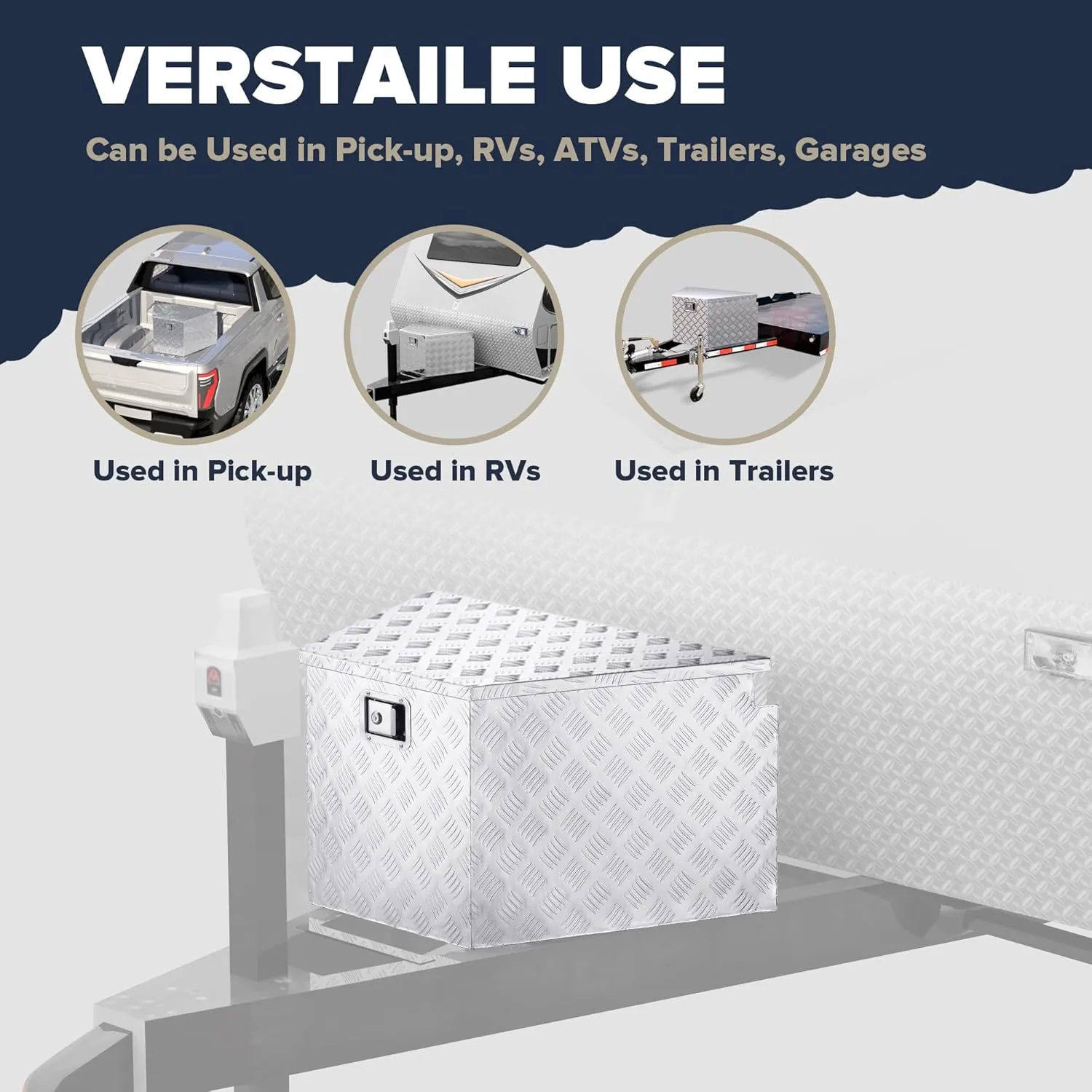 ARKSEN 33 Inch Aluminum Pick Up Truck Trailer Tongue Tool Box,Heavy Duty Waterproof Bar Tread Storage Organizer Chest w/Lock & Keys- Silver