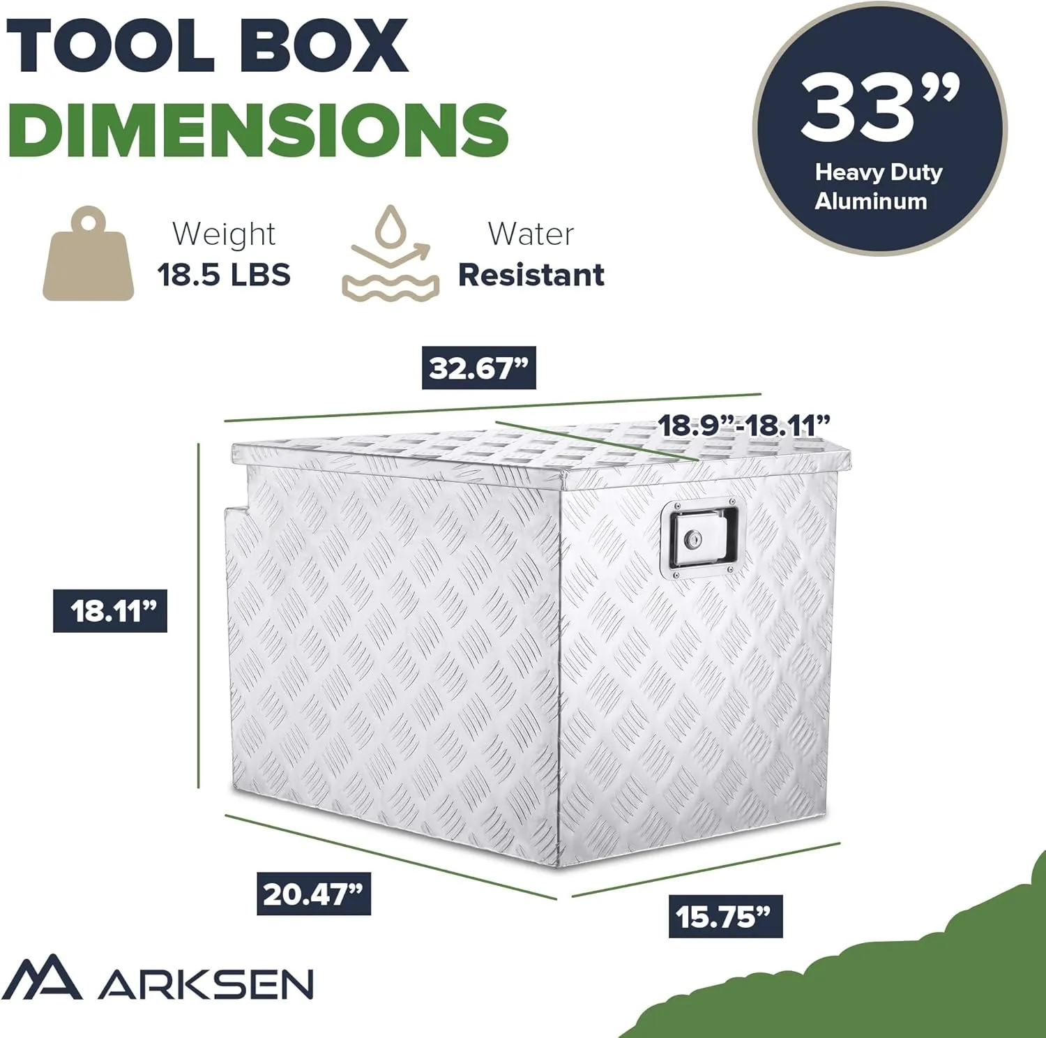 ARKSEN 33 Inch Aluminum Pick Up Truck Trailer Tongue Tool Box,Heavy Duty Waterproof Bar Tread Storage Organizer Chest w/Lock & Keys- Silver