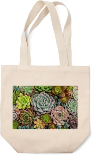 Arrangement of Many Colorful Succulents in a Planter Viewed from Above (100% Cotton Canvas Reusable Tote Bag)