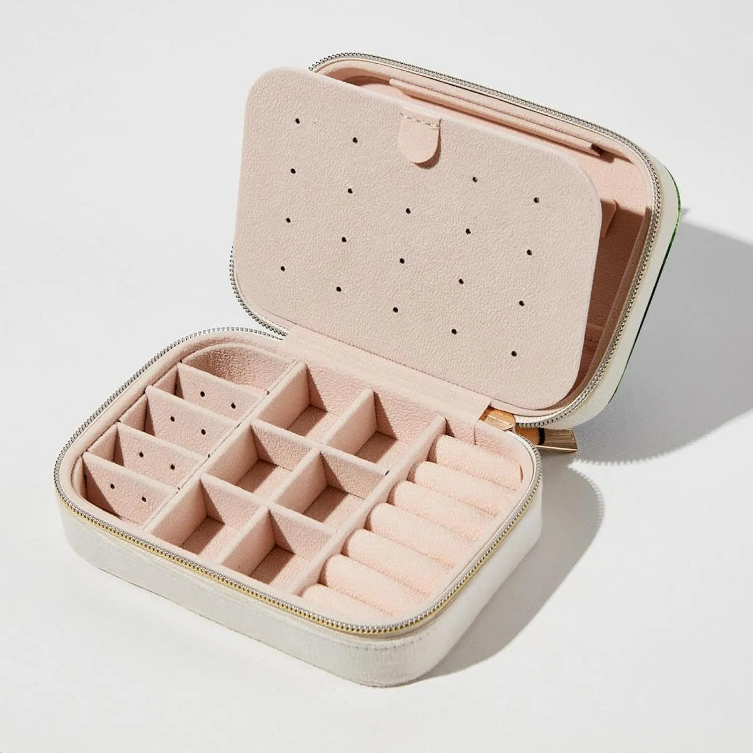 Art Green Field Print Travel Jewelry Box, Double Layer Portable Travel Display Case Storage Holder Boxes for Stud Earrings, Rings, Necklaces, Bracelets