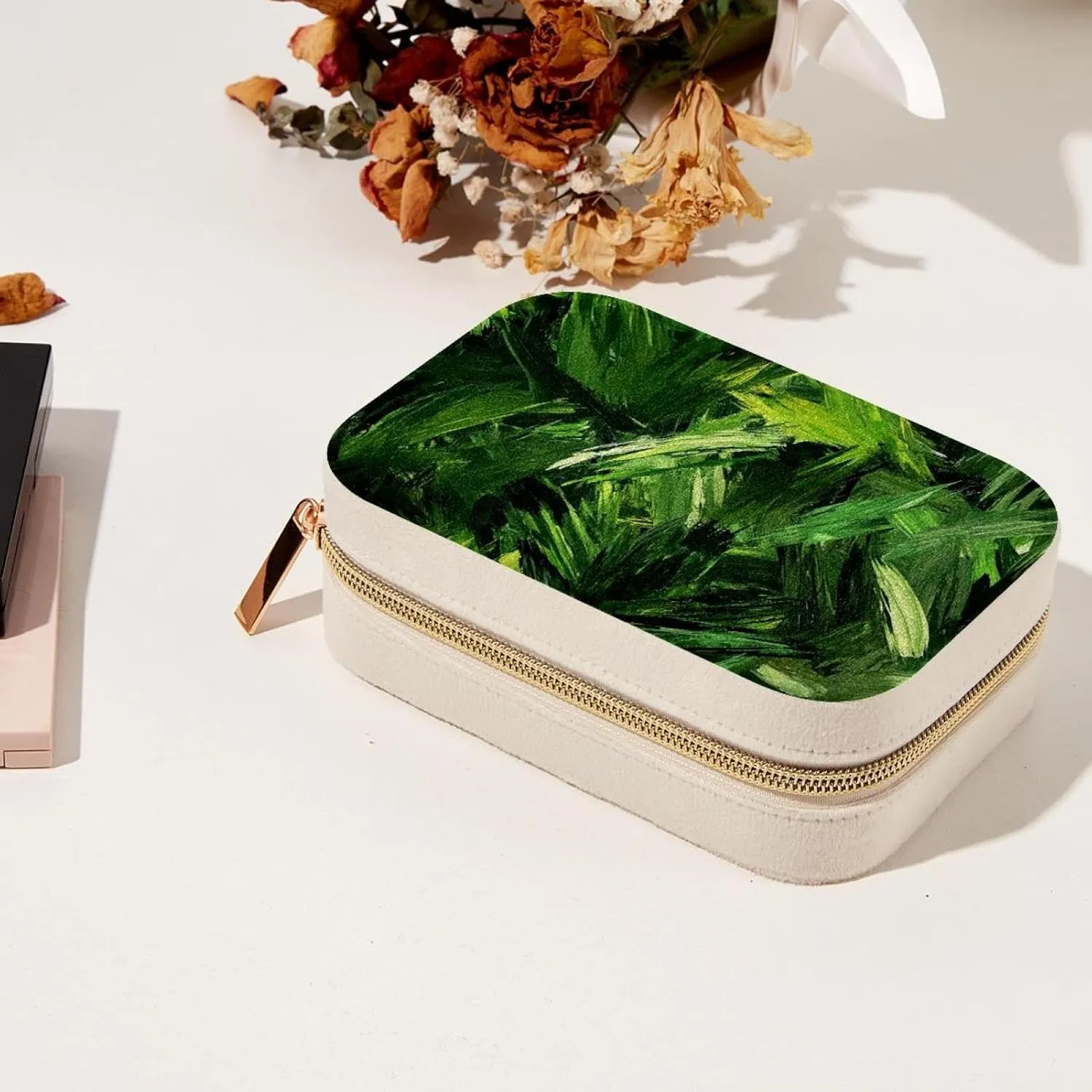 Art Green Field Print Travel Jewelry Box, Double Layer Portable Travel Display Case Storage Holder Boxes for Stud Earrings, Rings, Necklaces, Bracelets