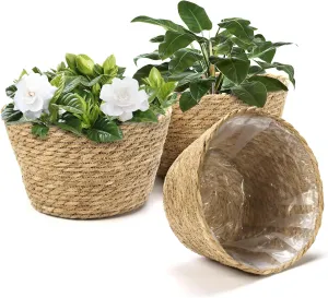 Athaliah Plant Basket, 3 PCS Plant Baskets Indoor with Plastic Liner, Water Hyacinth Woven Planters Flower Basket, Planter Basket for Rustic Boho Home Farmhouse Floor Potted Pots Decor