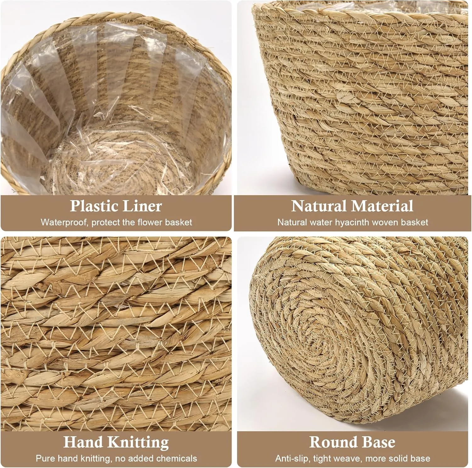 Athaliah Plant Basket, 3 PCS Plant Baskets Indoor with Plastic Liner, Water Hyacinth Woven Planters Flower Basket, Planter Basket for Rustic Boho Home Farmhouse Floor Potted Pots Decor