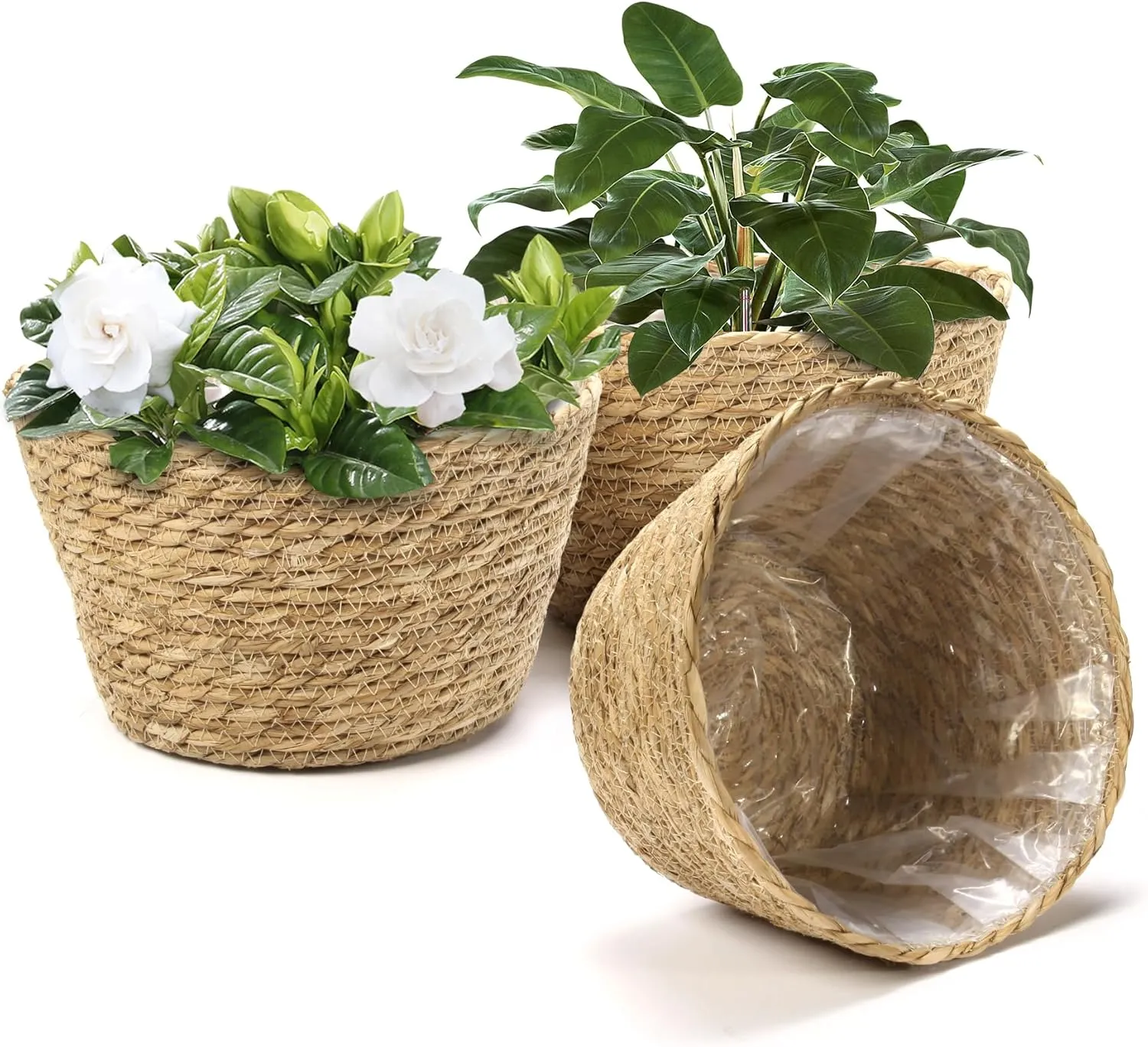 Athaliah Plant Basket, 3 PCS Plant Baskets Indoor with Plastic Liner, Water Hyacinth Woven Planters Flower Basket, Planter Basket for Rustic Boho Home Farmhouse Floor Potted Pots Decor