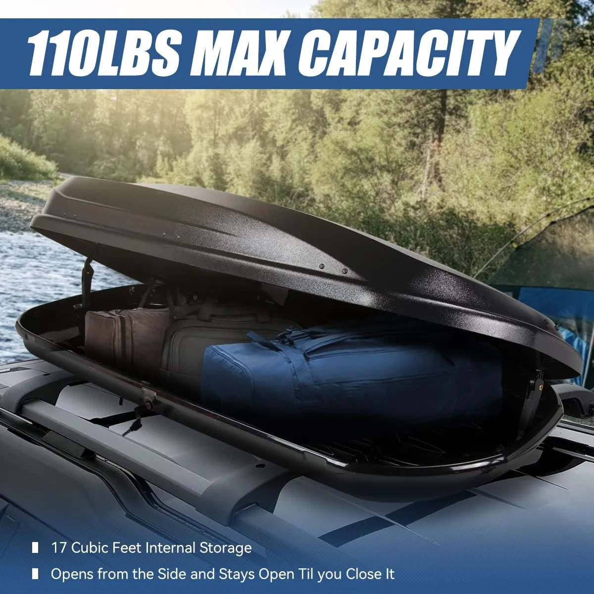 Auto Dynasty Hard Shell Roof Top Mount Car Storage Travel Luggage Box Cargo Carrier with Security Keys, 78 (L) x 31 (W) x 15 (H) Inches, Capacity 110 Pounds, 17 Cubic Feet, Textured Black