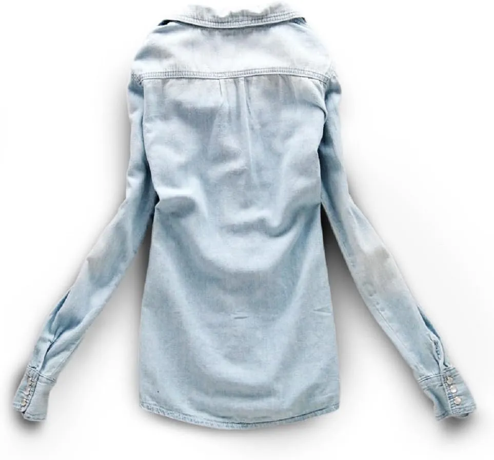 AvaCostume Women's Long Sleeve Double Pocket Slim-fit Jean Denim Shirt