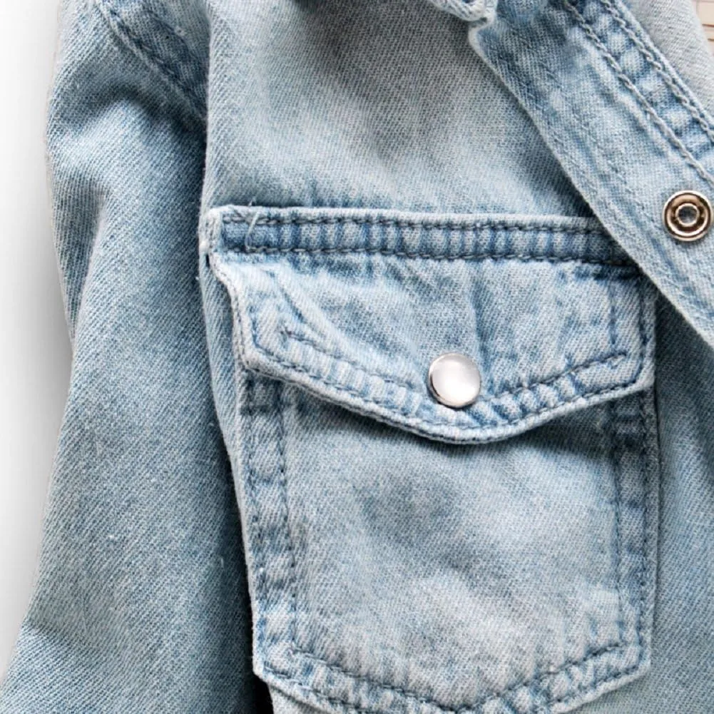 AvaCostume Women's Long Sleeve Double Pocket Slim-fit Jean Denim Shirt