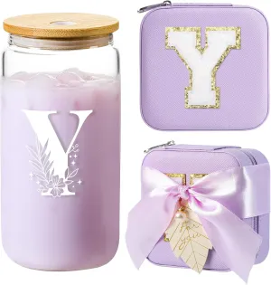 AYGXU Travel Gifts for Women,16oz glass cups with lids and straws,mom birthday gifts,aesthetic cups,coffee cups,travel jewelry case organizer,Travel Essentials Small Jewelry Box,Initial Y purple
