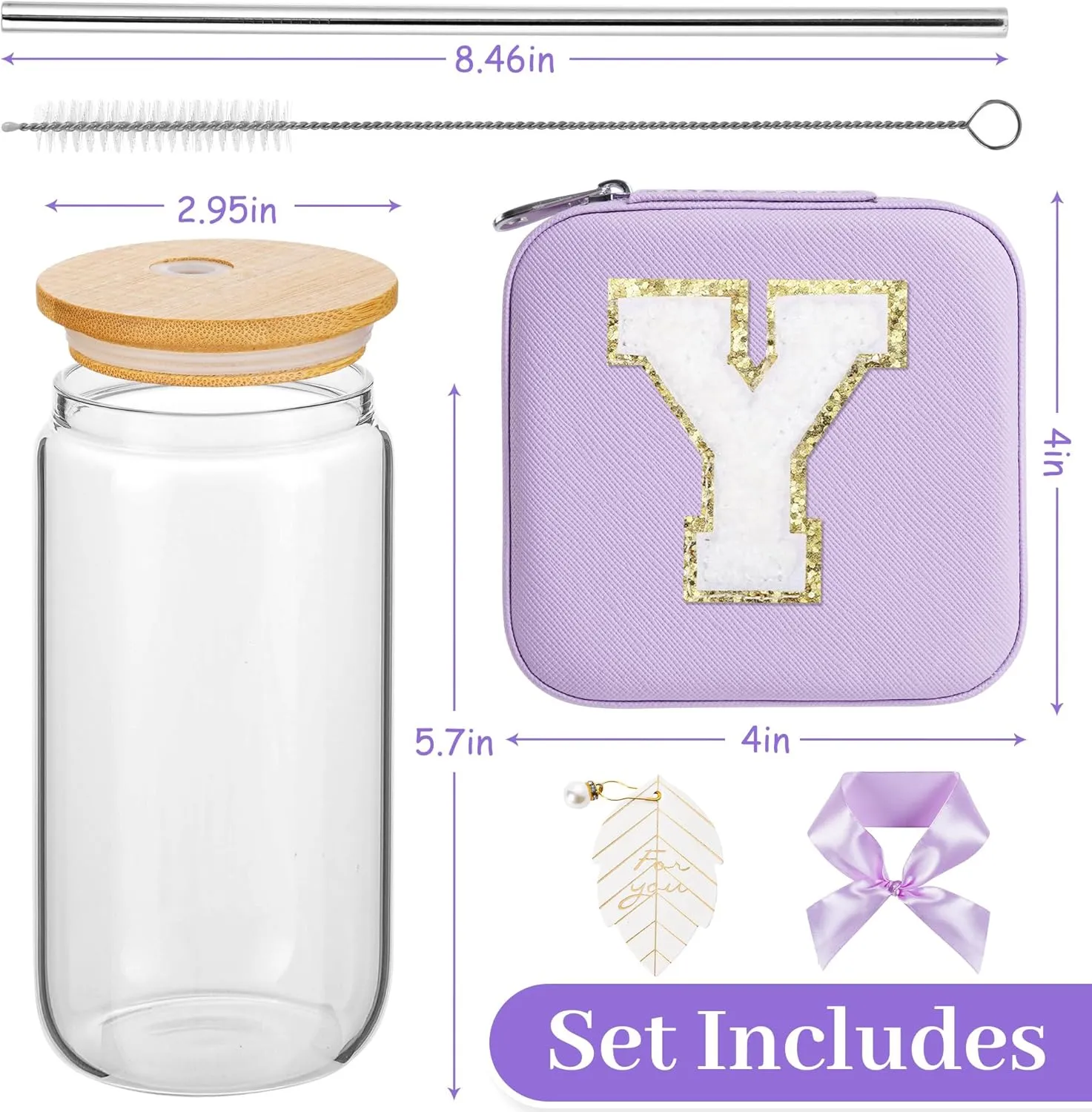 AYGXU Travel Gifts for Women,16oz glass cups with lids and straws,mom birthday gifts,aesthetic cups,coffee cups,travel jewelry case organizer,Travel Essentials Small Jewelry Box,Initial Y purple