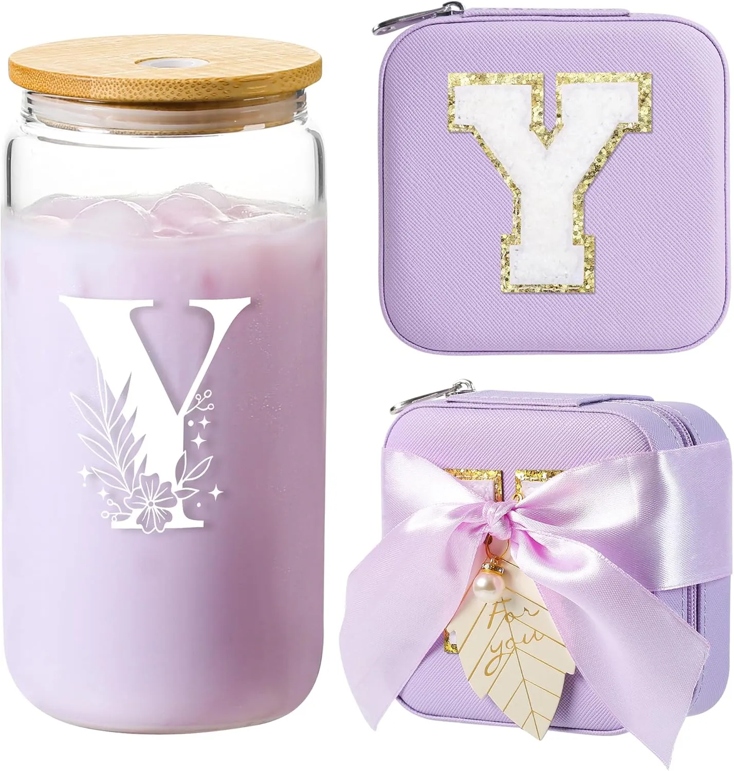 AYGXU Travel Gifts for Women,16oz glass cups with lids and straws,mom birthday gifts,aesthetic cups,coffee cups,travel jewelry case organizer,Travel Essentials Small Jewelry Box,Initial Y purple