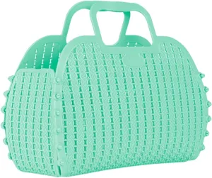AYKASA Foldable Mini Plastic Storage Basket Beach Bag Simple Travel Storage Bags Jelly Beach Handbags Plastic for Women Girls (Drink Water)