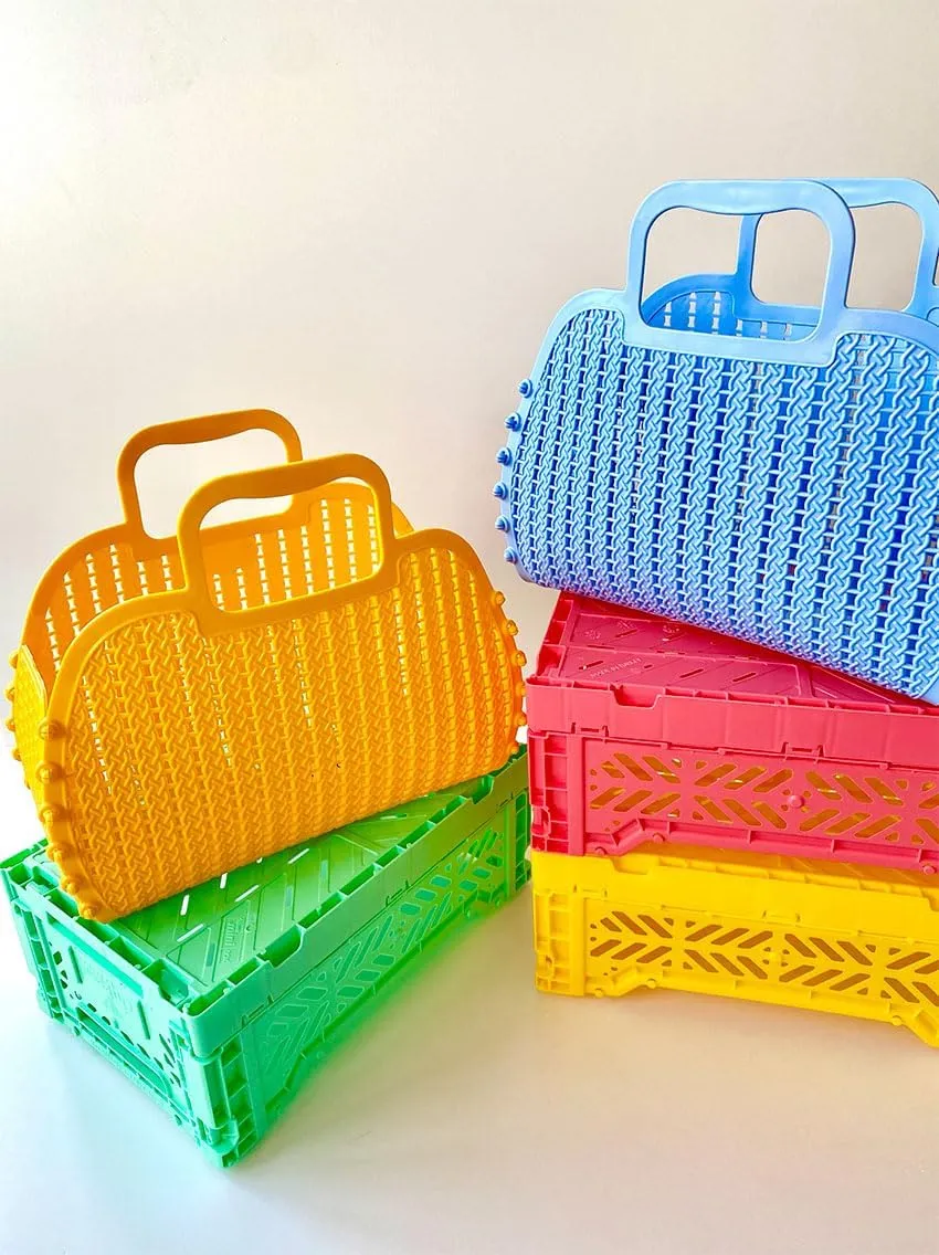 AYKASA Foldable Mini Plastic Storage Basket Beach Bag Simple Travel Storage Bags Jelly Beach Handbags Plastic for Women Girls (Drink Water)