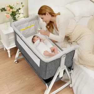 Baby Bassinet, 3-in-1 Function, Height Adjustable Crib Side Sleeper with Storage Basket and Wheels, CPC Safety Certified.