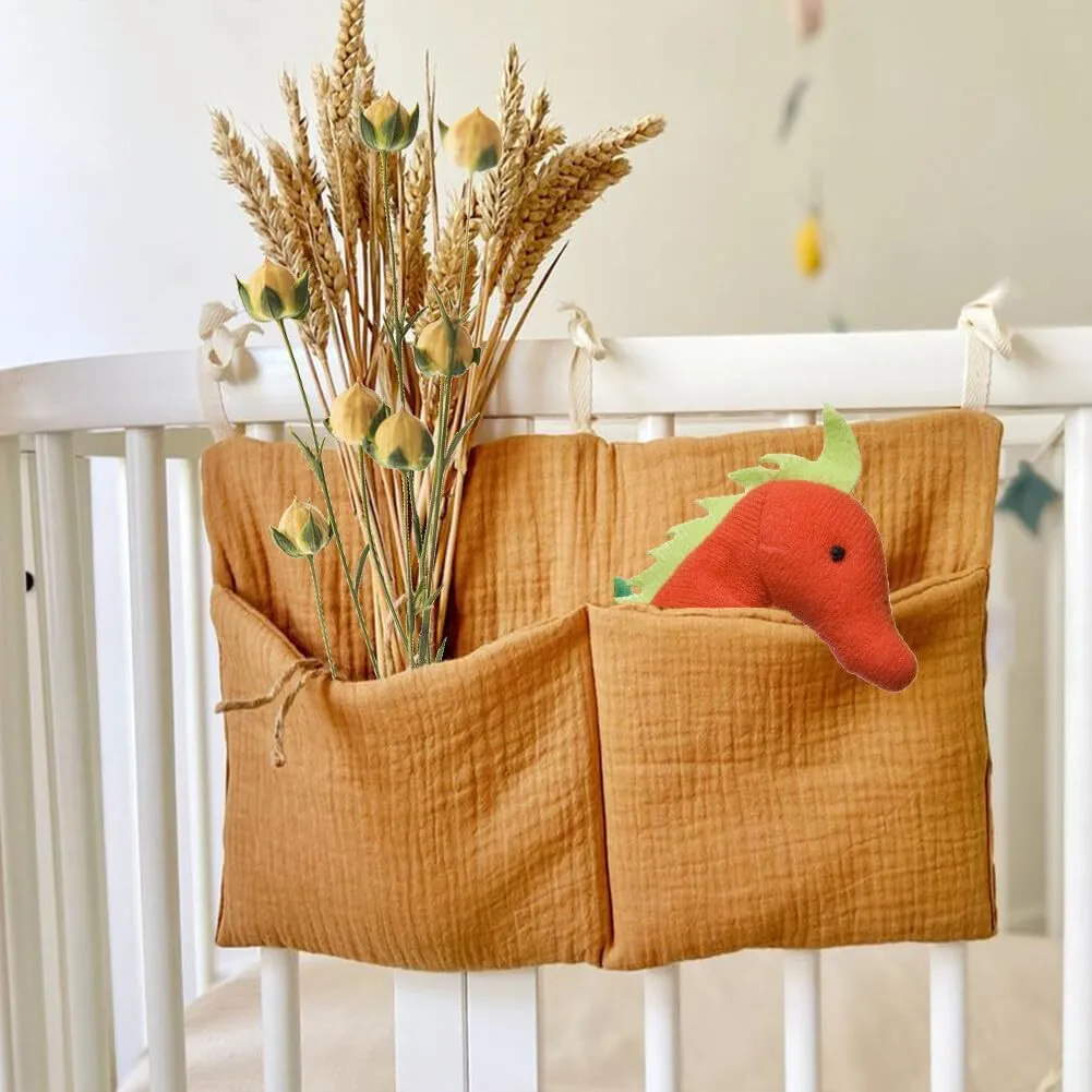 Baby Crib Pocket with Straps Hanging Baby Diaper Caddy Organizer, Diaper Stacker Classified Storage Bag Organizer for Nursery Diapers Wipes Baby Essentials (Camel)