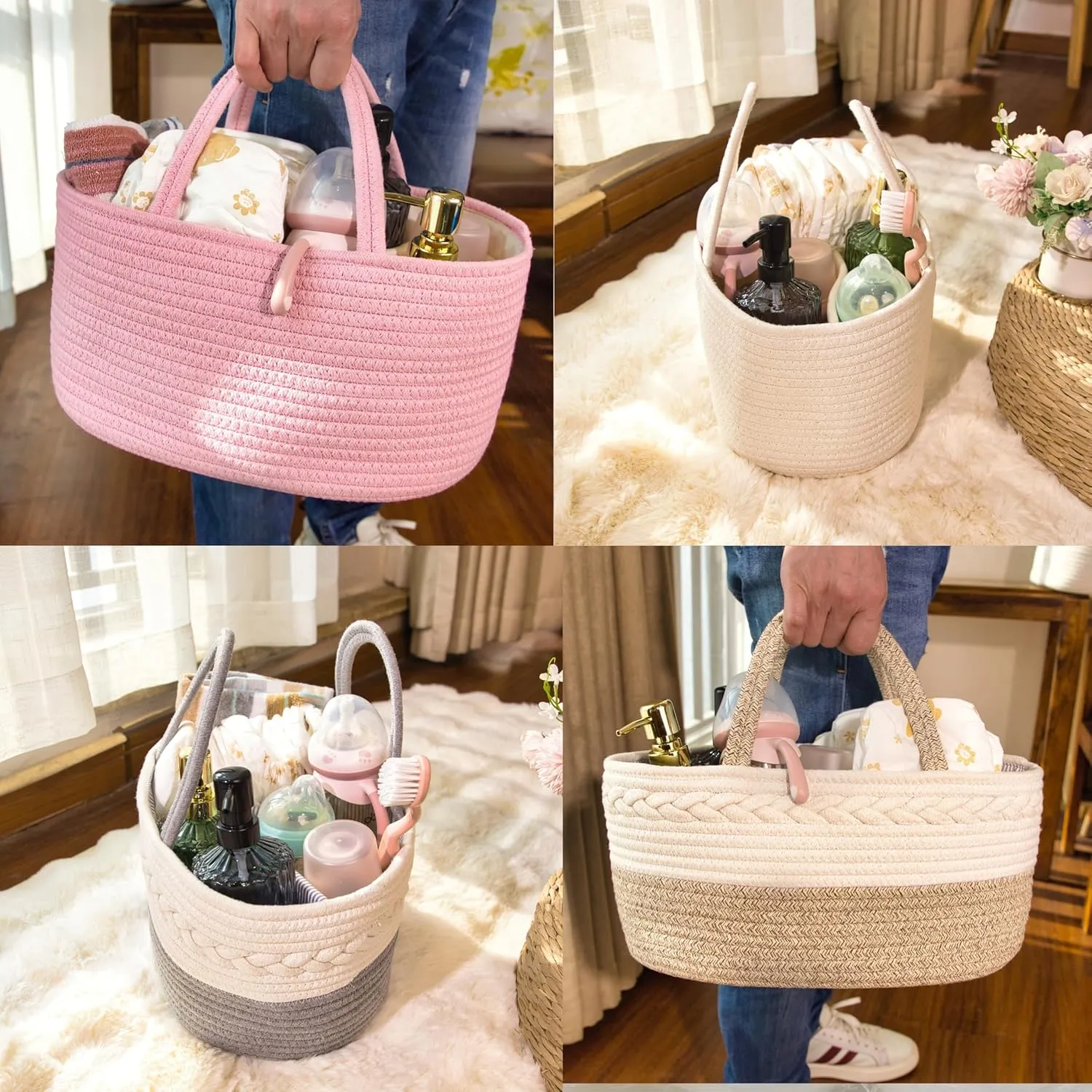 Baby Diaper Caddy Girl Boy Organizer Small Woven Baskets With Handle, Cotton Rope Tote For Shower Nursery, Decorative Small Storage Baskets For Shelves,Unique Gift Baby