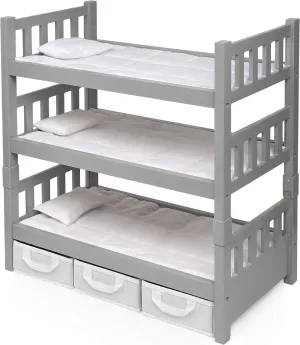 Badger Basket 1-2-3 Convertible Doll Bunk Bed with Bedding and Storage Baskets in Executive Gray – Perfect for 18 to 20-Inch Dolls