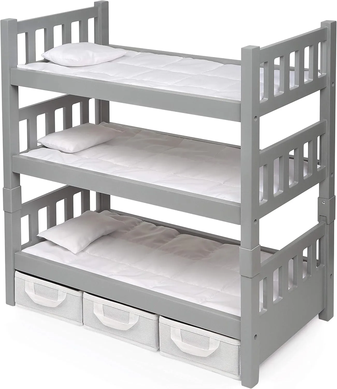 Badger Basket 1-2-3 Convertible Doll Bunk Bed with Bedding and Storage Baskets in Executive Gray – Perfect for 18 to 20-Inch Dolls
