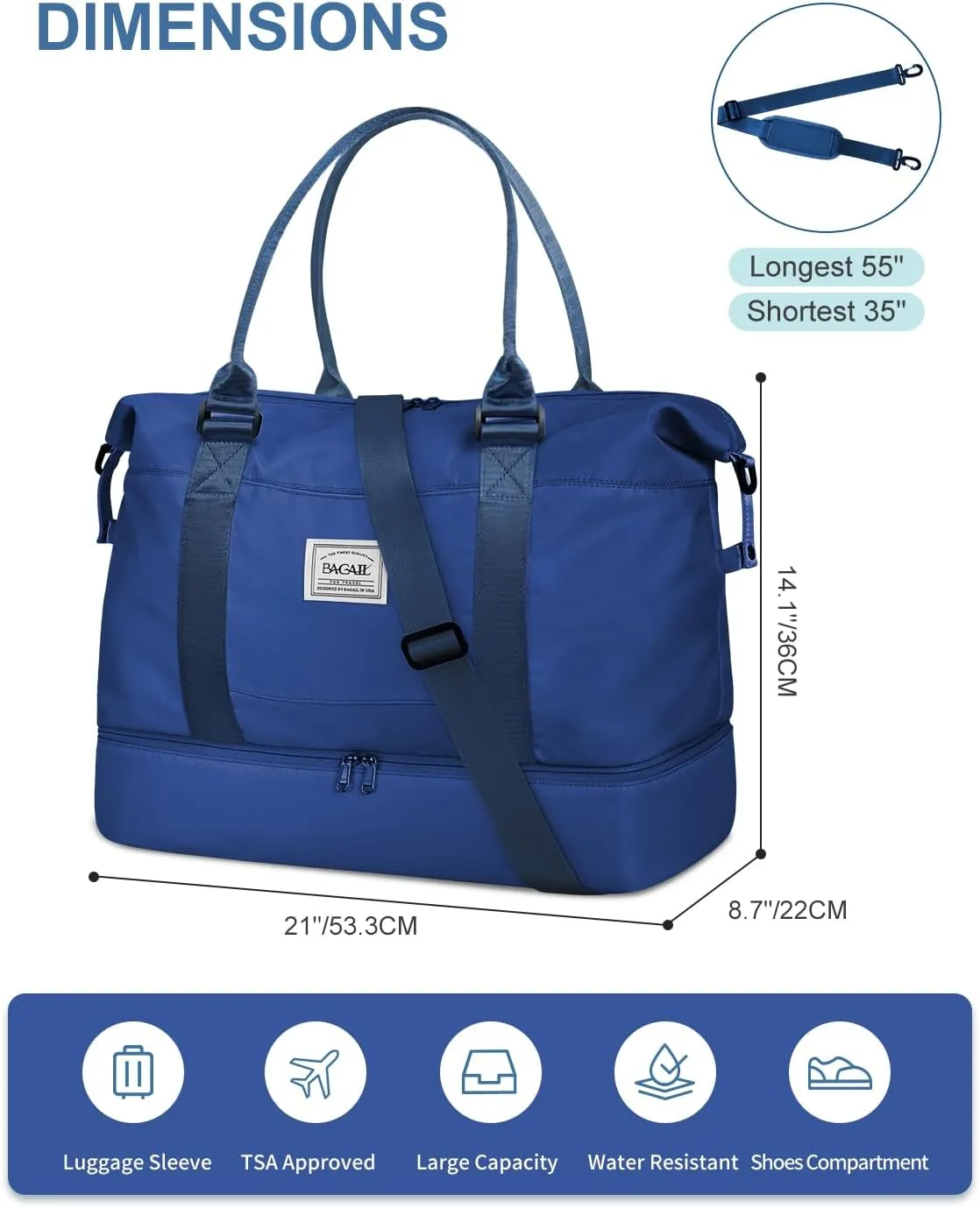 BAGAIL Travel Duffel Bag, Weekender Bags for Women, Overnight Gym Carry On Tote Bag with Wet Pocket, Hospital Mom Bag for Labor and Delivery - Extra Large, Navy Blue