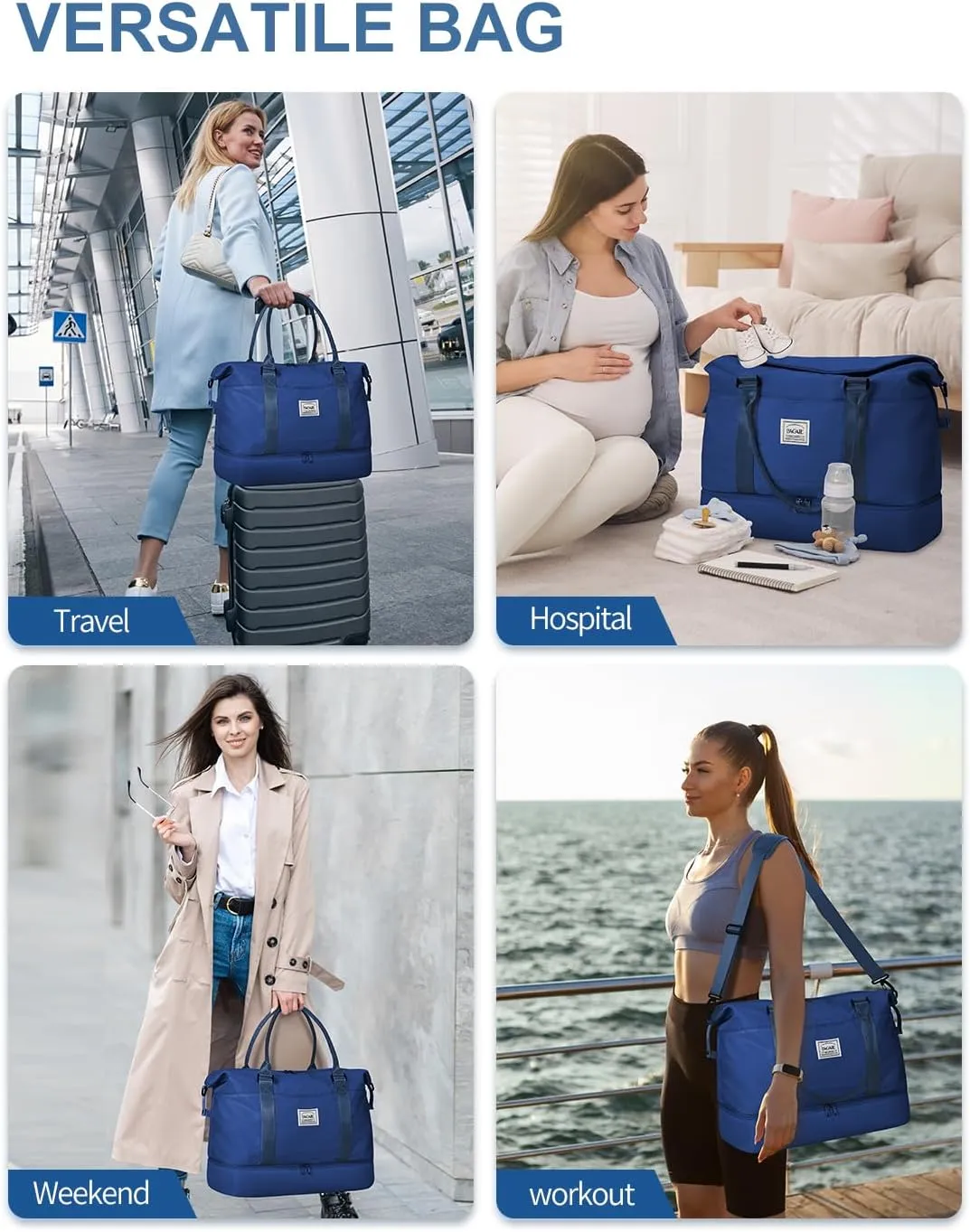 BAGAIL Travel Duffel Bag, Weekender Bags for Women, Overnight Gym Carry On Tote Bag with Wet Pocket, Hospital Mom Bag for Labor and Delivery - Extra Large, Navy Blue