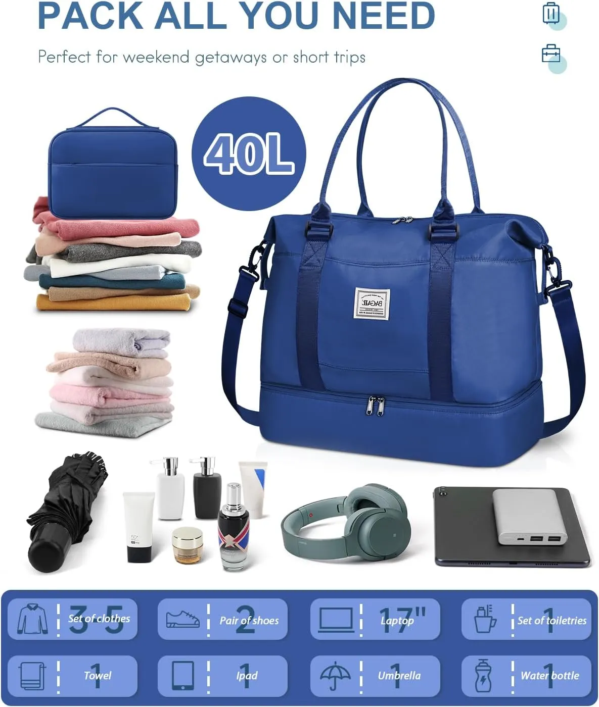 BAGAIL Travel Duffel Bag, Weekender Bags for Women, Overnight Gym Carry On Tote Bag with Wet Pocket, Hospital Mom Bag for Labor and Delivery - Extra Large, Navy Blue