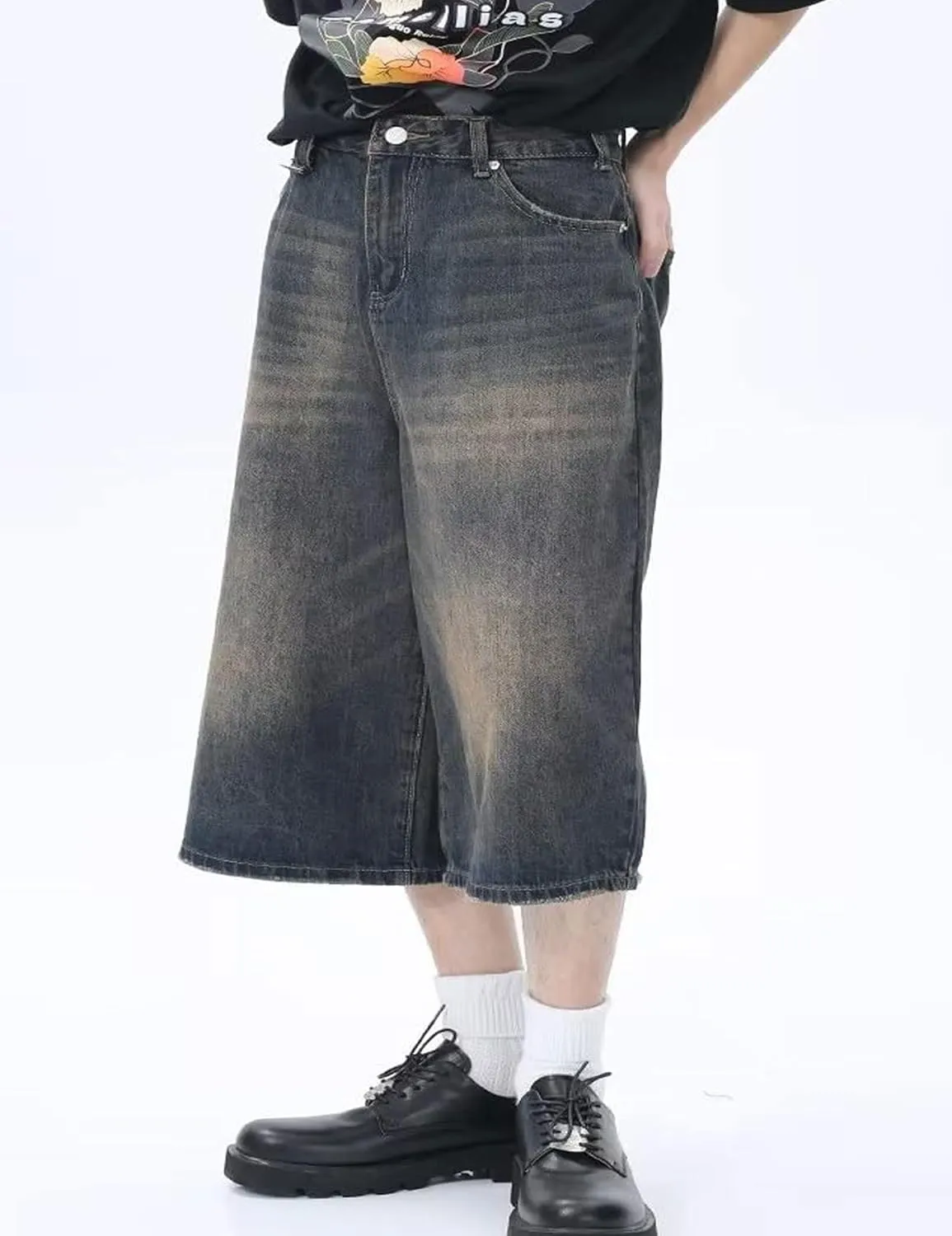 Baggy Jorts Y2k Men Hip Hop Jeans Shorts Gothic Denim Shorts Long Jorts Grunge Skater Shorts Streetwear