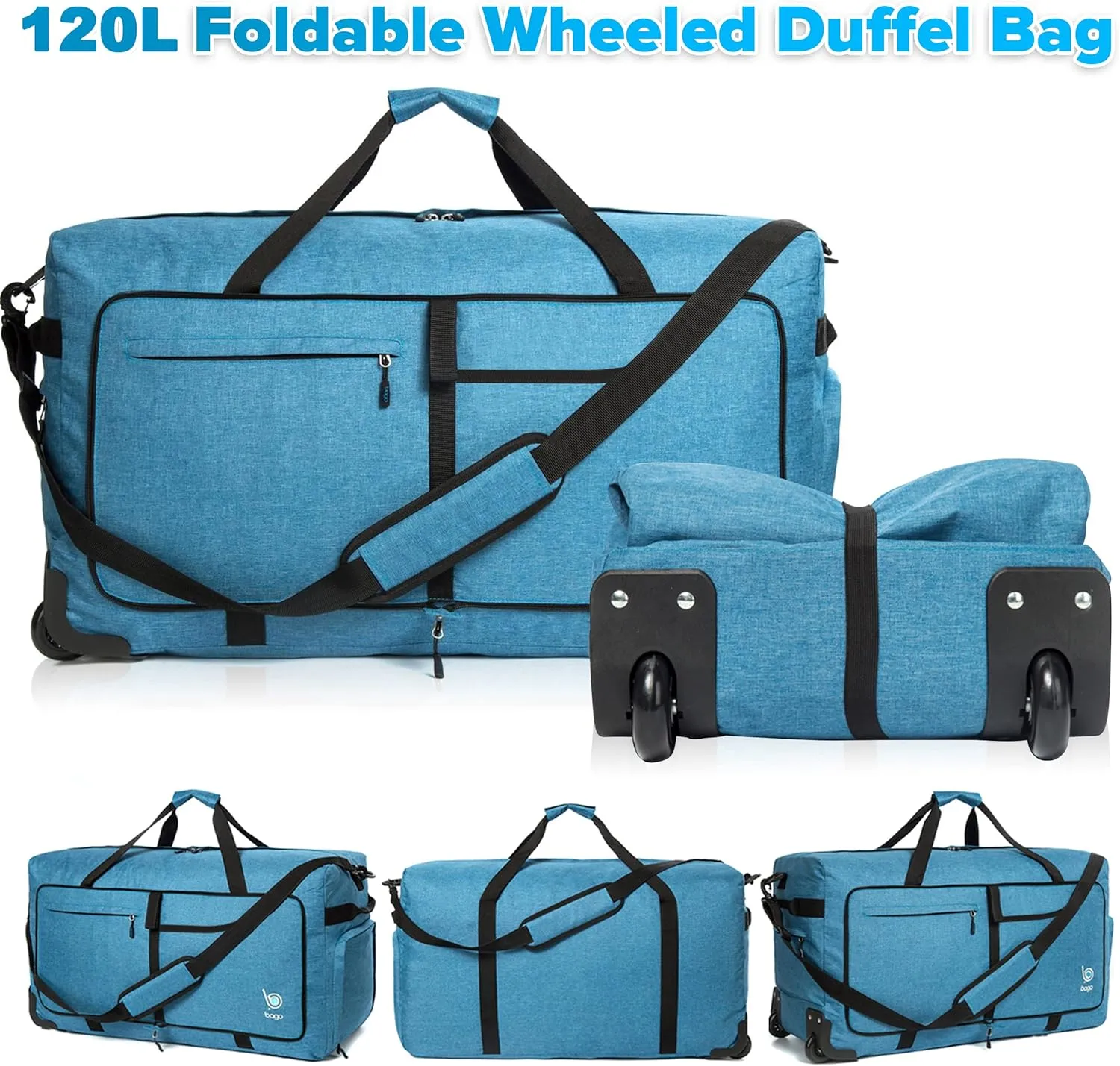 Bago Rolling Duffle Bag with Wheels - 31" 120L Foldable Weekender Bag, Waterproof Travel Duffel Bag, Heavy Duty lightWeight Duffle Bag for Traveling, Rolling Duffel Bag with Wheels (Snow Blue)
